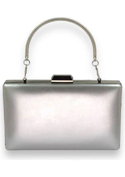 Gümüş Gri Lame Cilt Deri Mat Deri Metal Saplı Abiye Çanta Gece Çantası Düğün Nişan Kına