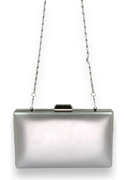 Gümüş Gri Lame Cilt Deri Mat Deri Metal Saplı Abiye Çanta Gece Çantası Düğün Nişan Kına fırsatları