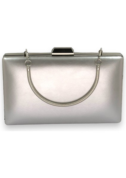 Gümüş Gri Lame Cilt Deri Mat Deri Metal Saplı Abiye Çanta Gece Çantası Düğün Nişan Kına