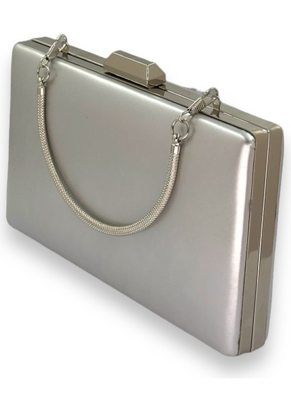 Gümüş Gri Lame Cilt Deri Mat Deri Metal Saplı Abiye Çanta Gece Çantası Düğün Nişan Kına