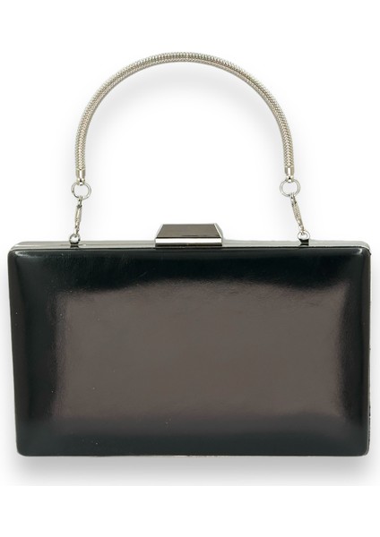 Siyah Renk Cilt Deri Mat Deri Metal Saplı Abiye Çanta Gece Çantası Düğün Nişan Kına