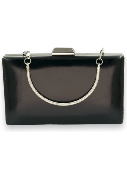 Siyah Renk Cilt Deri Mat Deri Metal Saplı Abiye Çanta Gece Çantası Düğün Nişan Kına