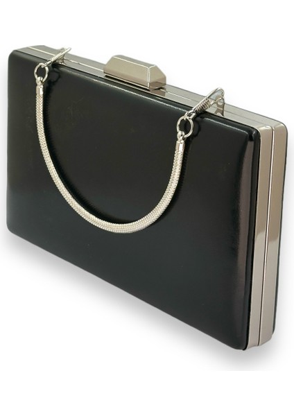 Siyah Renk Cilt Deri Mat Deri Metal Saplı Abiye Çanta Gece Çantası Düğün Nişan Kına