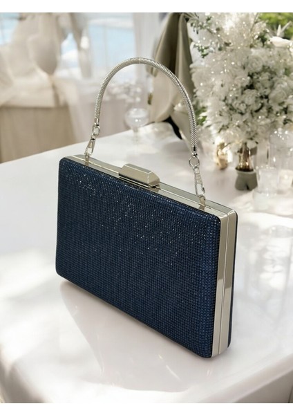 Lacivert Renk Kristal Taşlı Metal Saplı Abiye Çanta Düğün Nişan Kına Mezuniyet