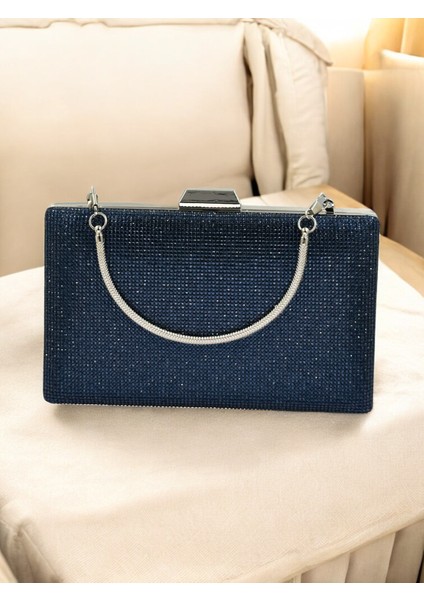 Lacivert Renk Kristal Taşlı Metal Saplı Abiye Çanta Düğün Nişan Kına Mezuniyet