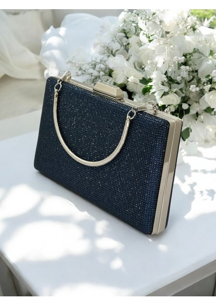 Lacivert Renk Kristal Taşlı Metal Saplı Abiye Çanta Düğün Nişan Kına Mezuniyet