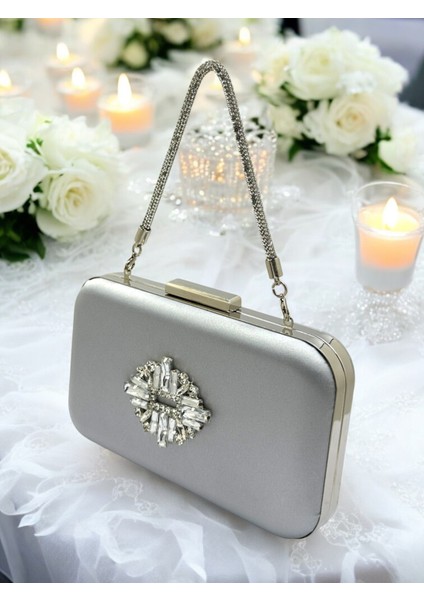 Gümüş Gri Lame Renk Saten Taşlı Saplı Kadın Abiye Çanta Düğün Nişan Mezuniyet