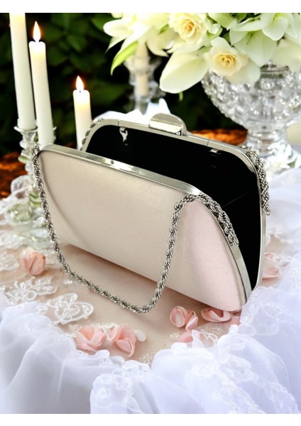 Özel Tasarım Ten Renk Saten Zincir Saplı Kristal Taşlı Saplı Kulplu Kadın Abiye Çanta modelleri