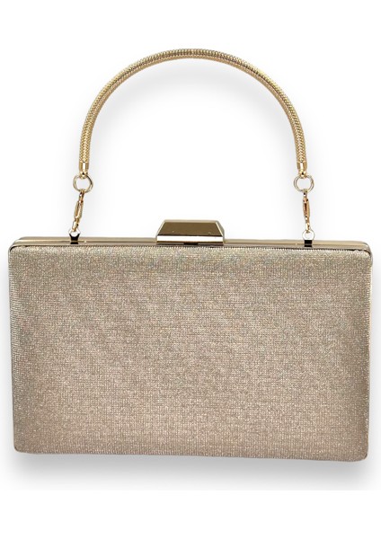 Altın Renk Lazer Desenli Metal Saplı Dökülmeyen Simli Abiye Çanta Gece Çantası Kına Düğün Nişan