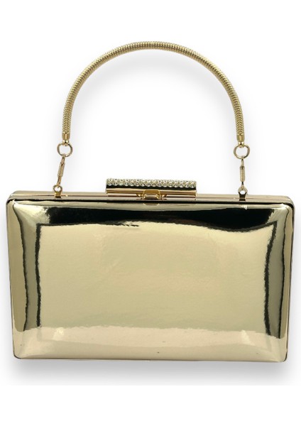 Altın Gold Dore Ayna Rugan Metal Saplı Abiye Çanta Gece Çantası Kına Düğün Nişan Balo Davet
