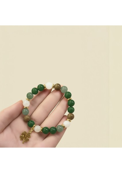 Doğal Taşlı Dört Yapraklı Yonca Charm Bileklik – Yeşim, Akik ve Aventurin fırsatları