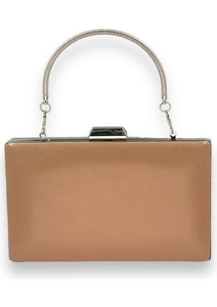 Nude Renk Cilt Deri Mat Deri Metal Saplı Abiye Çanta Gece Çantası Düğün Nişan Kına