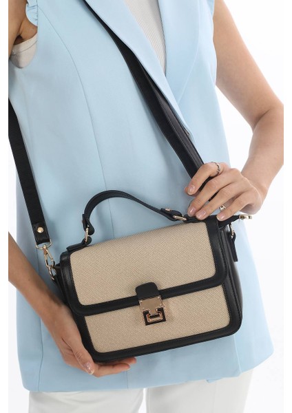 ,kilit Detaylı, Hasır Nakışlı,günlük ,şık, siyah açık vizon rengi bayan Çapraz Çantası