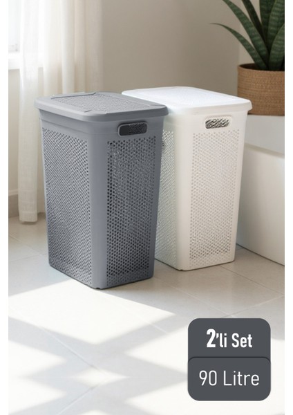 Slim Iki Bölmeli Kapaklı Dekoratif Kirli Çamaşır Sepeti 90 Litre Gri - Beyaz