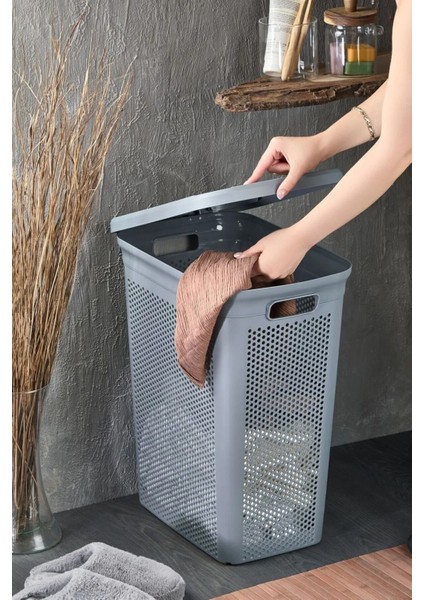 Slim Iki Bölmeli Kapaklı Dekoratif Kirli Çamaşır Sepeti 90 Litre Gri - Beyaz modelleri