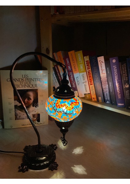 El Yapımı Mozaik Masa Lambası 38 cm | Metal Ayaklı Otantik Dekoratif Işık | Sudamlası Handmade Studio