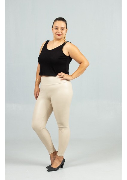 Büyük Beden Deri Görünümlü Yüksek Bel Tayt – Içi Süet Krem Renk modelleri
