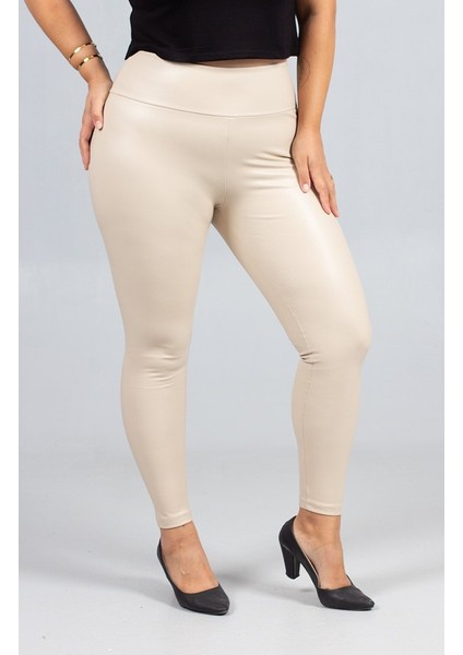 Büyük Beden Deri Görünümlü Yüksek Bel Tayt – Içi Süet Krem Renk fırsatları