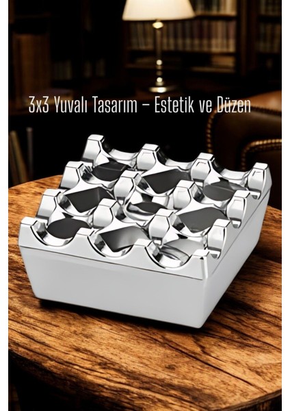 Metal Döküm Küllük – 3x3 Yuvalı, Krom , Modern ve Ağırlıklı Tasarım 7722218