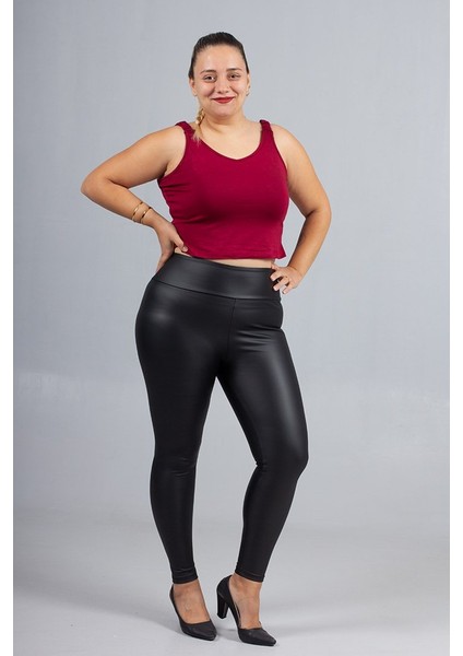 Büyük Beden Deri Görünümlü Yüksek Bel Tayt – Içi Süet Siyah Renk