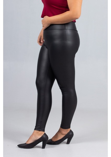Büyük Beden Deri Görünümlü Yüksek Bel Tayt – Içi Süet Siyah Renk fiyatları