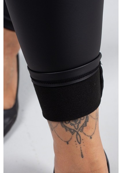 Büyük Beden Deri Görünümlü Yüksek Bel Tayt – Içi Süet Siyah Renk modelleri