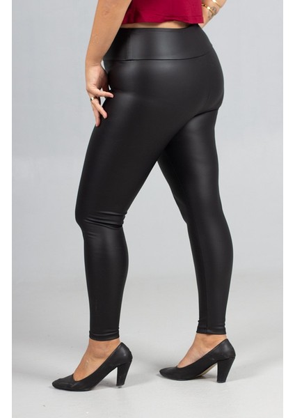 Büyük Beden Deri Görünümlü Yüksek Bel Tayt – Içi Süet Siyah Renk fırsatları