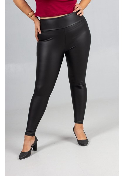 Büyük Beden Deri Görünümlü Yüksek Bel Tayt – Içi Süet Siyah Renk indirimleri