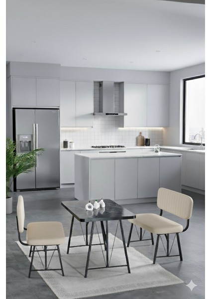 Elfin 70X110CM Sabit Bendir, Yemek Masası, Yemek Masası Takımı, 2 Krem Benchli