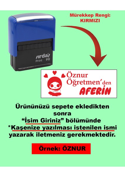 Öğretmen Kaşesi - Öğretmen'den Aferin, 912 (51mm*19mm) Kırmızı Keçeli Otomatik Kaşe