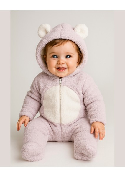 Ayıcık Welsoft Peluş Bebek Tulum – Kapüşonlu, Fermuarlı, Kapalı Ayaklı Lila/krem 3-6-9 Ay