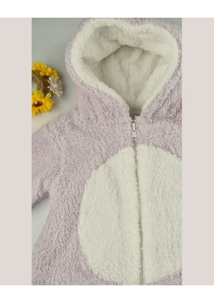Ayıcık Welsoft Peluş Bebek Tulum – Kapüşonlu, Fermuarlı, Kapalı Ayaklı Lila/krem 3-6-9 Ay fiyatları