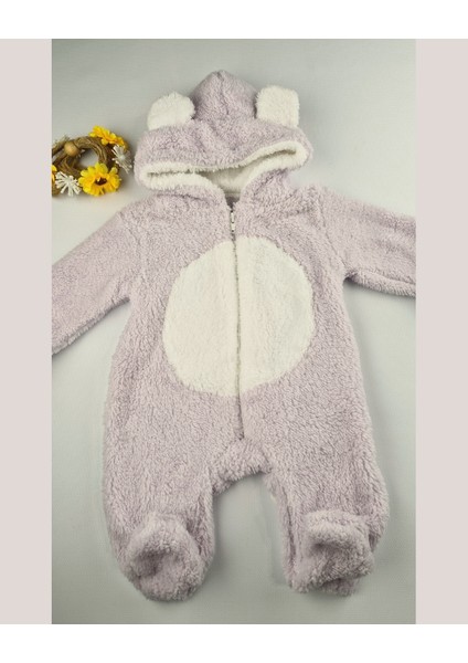 Ayıcık Welsoft Peluş Bebek Tulum – Kapüşonlu, Fermuarlı, Kapalı Ayaklı Lila/krem 3-6-9 Ay modelleri