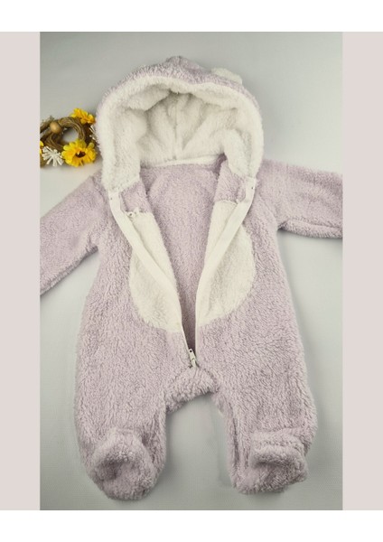 Ayıcık Welsoft Peluş Bebek Tulum – Kapüşonlu, Fermuarlı, Kapalı Ayaklı Lila/krem 3-6-9 Ay fırsatları