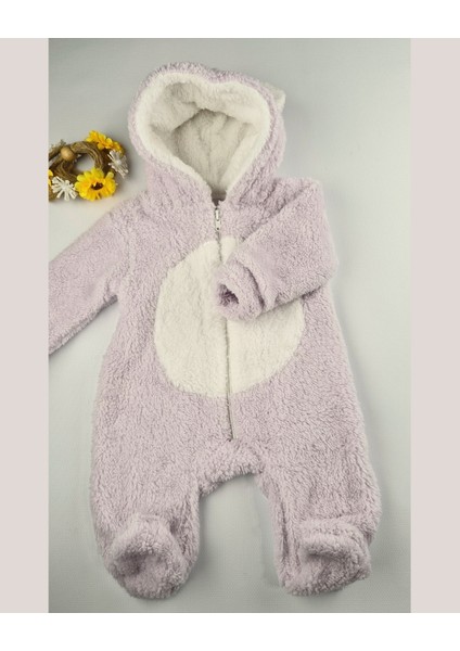 Ayıcık Welsoft Peluş Bebek Tulum – Kapüşonlu, Fermuarlı, Kapalı Ayaklı Lila/krem 3-6-9 Ay indirimleri