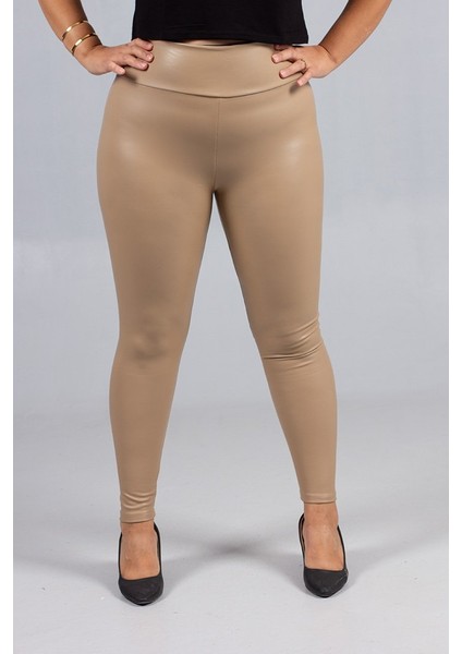 Büyük Beden Deri Görünümlü Yüksek Bel Tayt – Içi Süet Kahverengi Renk