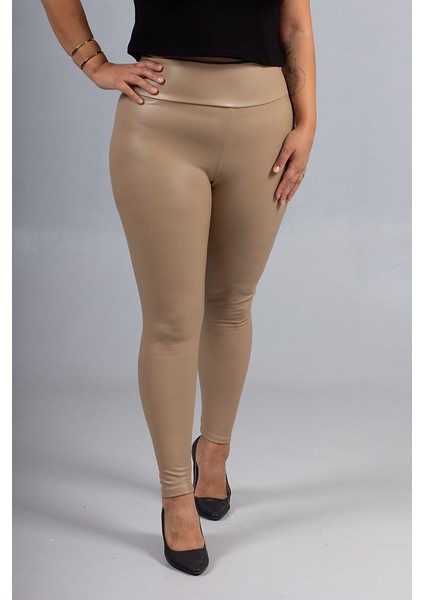 Büyük Beden Deri Görünümlü Yüksek Bel Tayt – Içi Süet Kahverengi Renk fırsatları