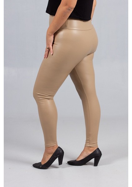 Büyük Beden Deri Görünümlü Yüksek Bel Tayt – Içi Süet Kahverengi Renk indirimleri