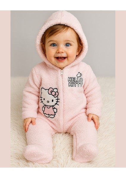 Hello Welsoft Pelüş Kız Bebek Tulum – Kapüşonlu ve Patikli - Pembe/bej - 0-12 Ay