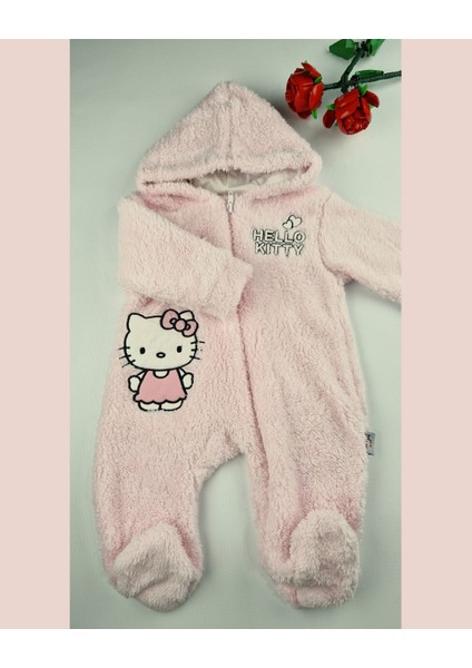 Hello Welsoft Pelüş Kız Bebek Tulum – Kapüşonlu ve Patikli - Pembe/bej - 0-12 Ay