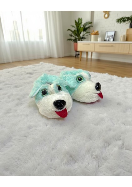 Köpek Figürlü Peluş Yumuşak Kaymaz Ses Yapmaz Tabanlı Sıcak Astarlı Turkuaz Kışlık Unisex Ev Pandufu