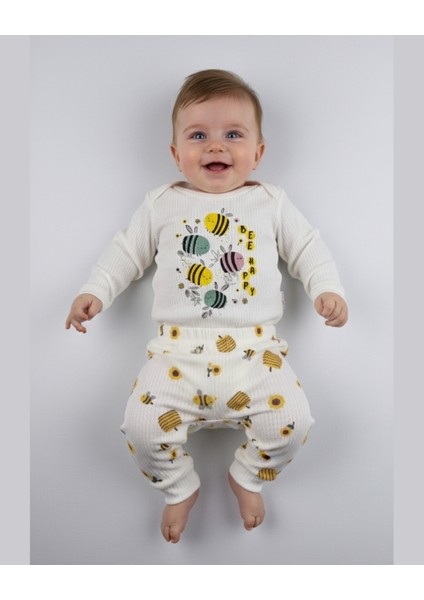 Bee Happy Pamuklu Arı Ayçiçeği Desenli Bebek Takımı - 0-9 Ay