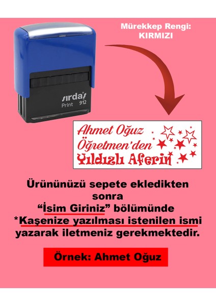 Öğretmen Kaşesi - Öğretmen'den Yıldızlı Aferin, 912 (51mm*19mm) Kırmızı Keçeli Otomatik Kaşe