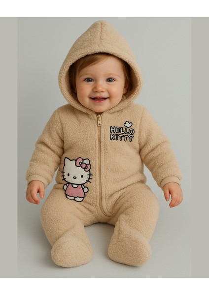 Hello Welsoft Pelüş Kız Bebek Tulum – Kapüşonlu ve Patikli - Pembe/bej - 0-12 Ay