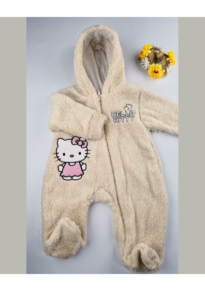 Hello Welsoft Pelüş Kız Bebek Tulum – Kapüşonlu ve Patikli - Pembe/bej - 0-12 Ay