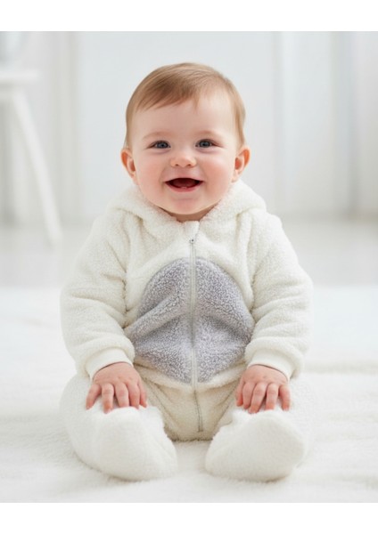 Ayıcık Welsoft Peluş Bebek Tulum – Kapüşonlu, Fermuarlı, Kapalı Ayaklı Lila/krem 3-6-9 Ay