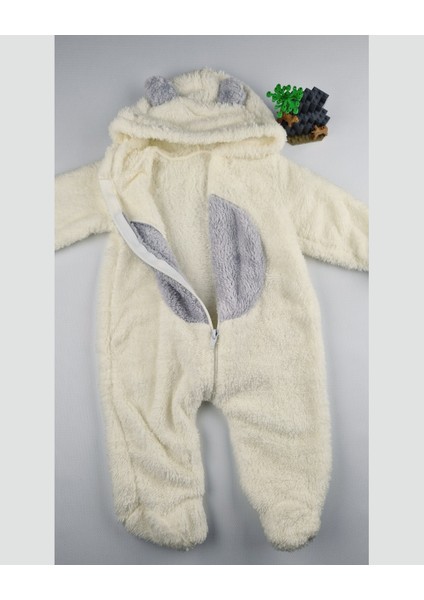 Ayıcık Welsoft Peluş Bebek Tulum – Kapüşonlu, Fermuarlı, Kapalı Ayaklı Lila/krem 3-6-9 Ay modelleri