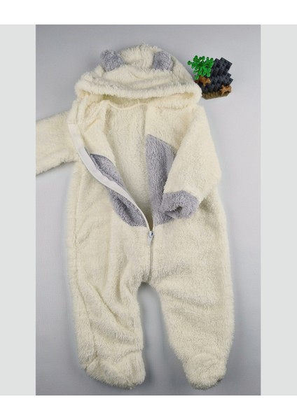 Ayıcık Welsoft Peluş Bebek Tulum – Kapüşonlu, Fermuarlı, Kapalı Ayaklı Lila/krem 3-6-9 Ay