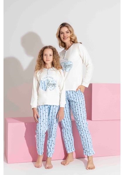 Anne-Kız Kombin Yapılabilir Uzun Kollu Kalp Desenli Interlok Aile Bağı Pijama TAKIMI-3207