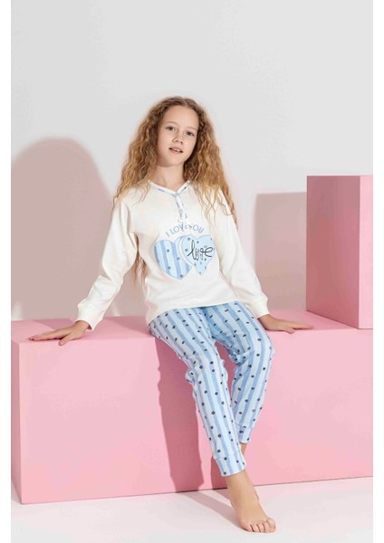 Anne-Kız Kombin Yapılabilir Uzun Kollu Kalp Desenli Interlok Aile Bağı Pijama TAKIMI-3207